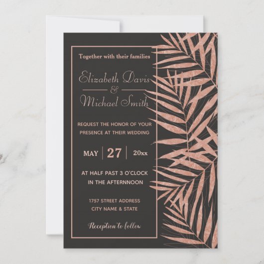 Elegant roos goud Tropische bladeren bruiloft Kaart (Voorkant)