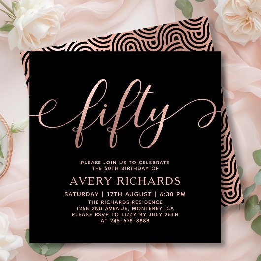 Elegant Roos Goud Vijftig Script Zwart 50ste Verja Kaart