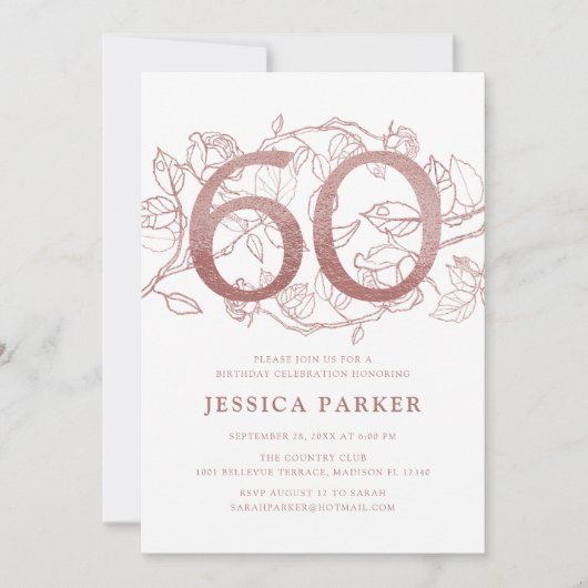 Elegant Roos Goud Wit 60e Verjaardag Kaart (Voorkant)