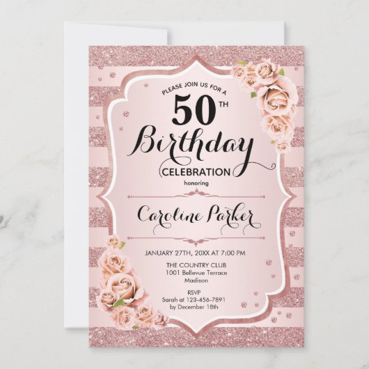 Elegant Roos Goud Wit Foto 50e Verjaardag Kaart (Voorkant)