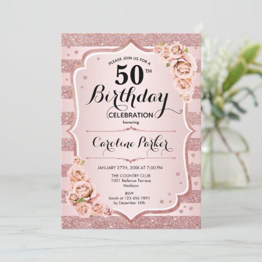 Elegant Roos Goud Wit Foto 50e Verjaardag Kaart (Staand voorkant)