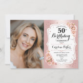 Elegant Roos Goud Wit Foto 50e Verjaardag Kaart (Voorkant)