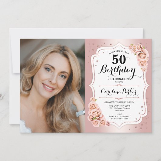 Elegant Roos Goud Wit Foto 50e Verjaardag Kaart (Voorkant)