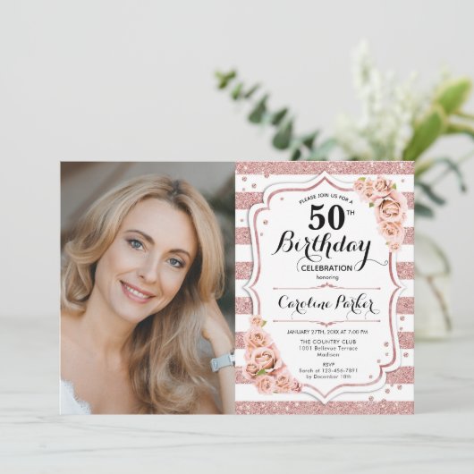 Elegant Roos Goud Wit Foto 50e Verjaardag Kaart (Staand voorkant)