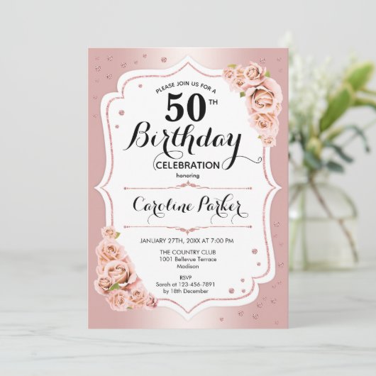 Elegant Roos Goud Wit Foto 50e Verjaardag Kaart (Staand voorkant)