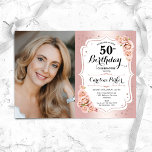 Elegant Roos Goud Wit Foto 50e Verjaardag Kaart<br><div class="desc">Elegante bloemenvrouwelijke 50e verjaardagsuitnodiging met uw foto. Glam ontwerp met faux roos goud. Beschikt over blush roze rozen,  script lettertype en confetti. Perfect voor een stijlvol volwassen feestje. Personaliseer met je eigen gegevens. Kan voor om het even welke leeftijd worden aangepast! Gedrukte Zazzle-uitnodigingen of direct download digitale afdrukbare sjabloon.</div>