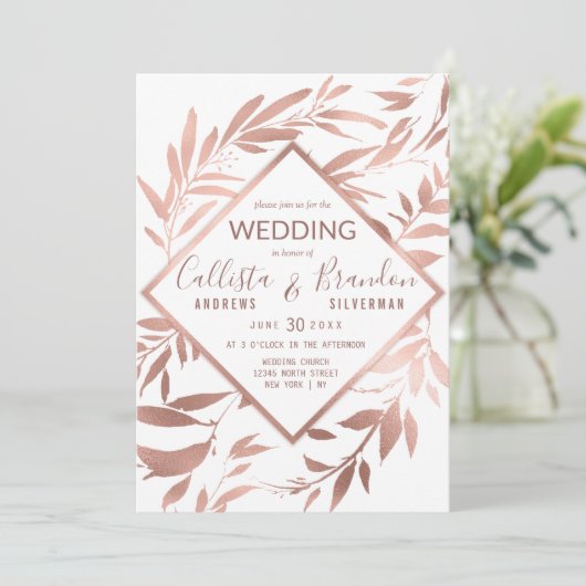 Elegant Roos Goud Witte Bloembladeren Huwelijk Kaart (Staand voorkant)