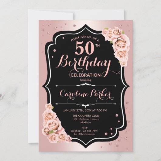 Elegant Roos Goud Zwart Foto 50e Verjaardag Kaart (Voorkant)