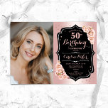 Elegant Roos Goud Zwart Foto 50e Verjaardag Kaart<br><div class="desc">Elegante bloemenvrouwelijke 50e verjaardagsuitnodiging met uw foto. Glam ontwerp met faux roos goud. Beschikt over blush roze rozen,  script lettertype en confetti. Perfect voor een stijlvol volwassen feestje. Personaliseer met je eigen gegevens. Kan voor om het even welke leeftijd worden aangepast! Gedrukte Zazzle-uitnodigingen of direct download digitale afdrukbare sjabloon.</div>