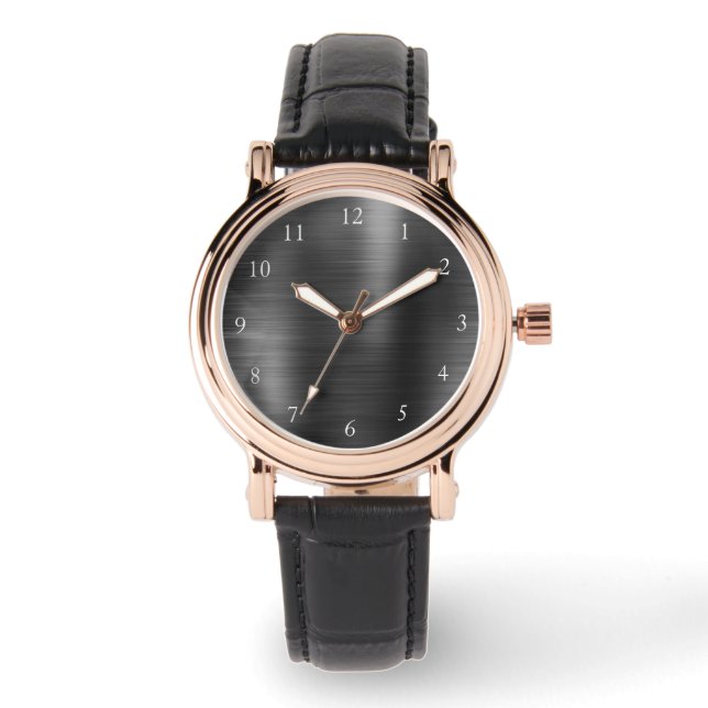 Elegant Roos Goud & Zwart Lederen Strap Vrouwen Horloge (Voorkant)
