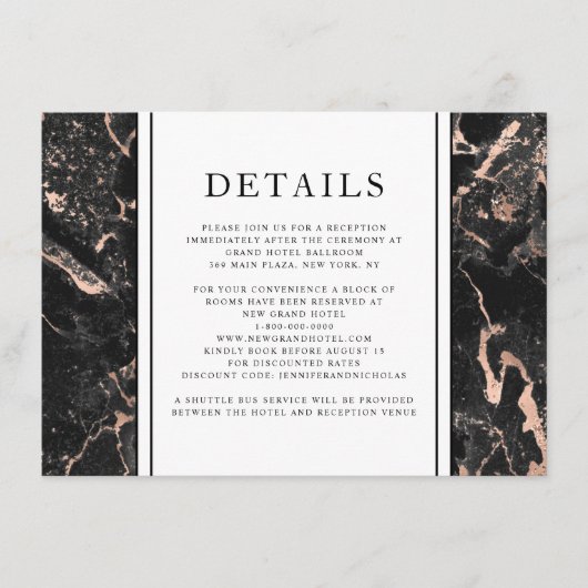 Elegant Roos Goud Zwart Marmer Bruiloft Details Informatiekaartje (Voorkant)