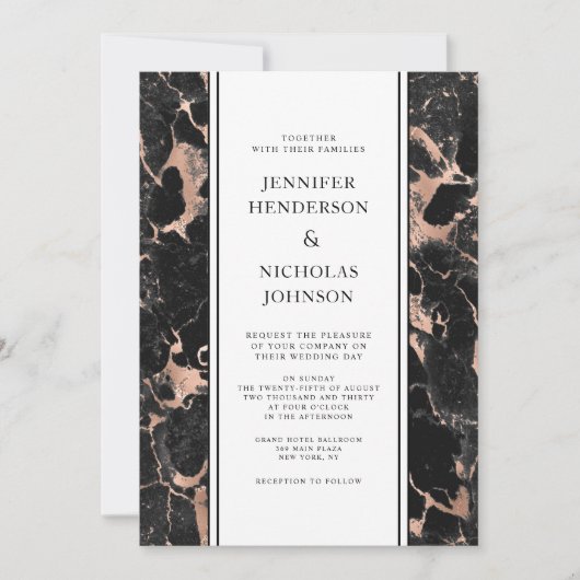 Elegant Roos Goud Zwart Marmeren Bruiloft Kaart (Voorkant)