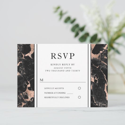Elegant Roos Goud Zwart Marmeren Huwelijk RSVP (Staand voorkant)