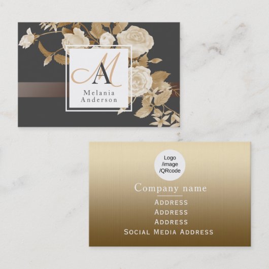 Elegant Roos Goud Zwart Monogram Visitekaartje (Voorkant / Achterkant)
