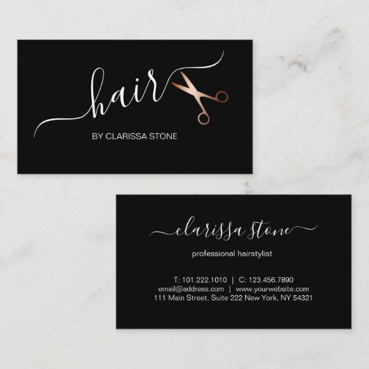 Elegant roos goud & zwarte schaar haarstylist visitekaartje (Voorkant / Achterkant)