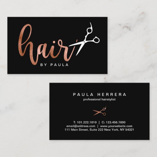 Elegant roos goud & zwarte schaar haarstylist visitekaartje (Voorkant / Achterkant)