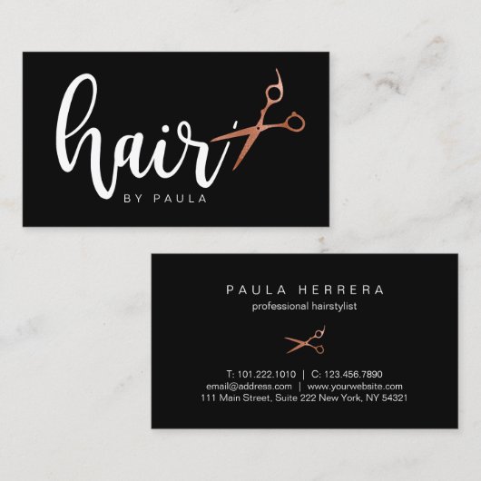 Elegant roos goud & zwarte schaar haarstylist visitekaartje (Voorkant / Achterkant)