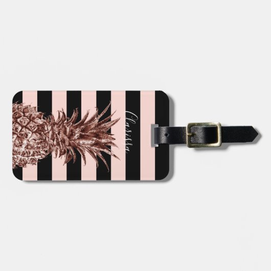 Elegant  roos goudananas & roze streep bagagelabel (Voorkant horizontaal)