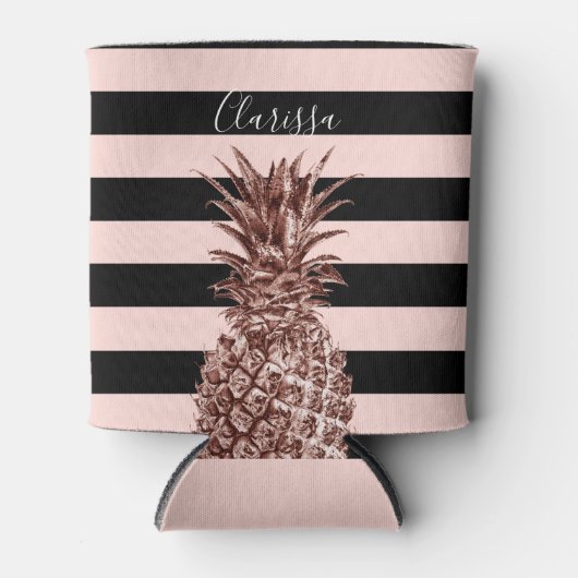 Elegant roos goudananas & roze streep blikjeskoeler (Voorkant)