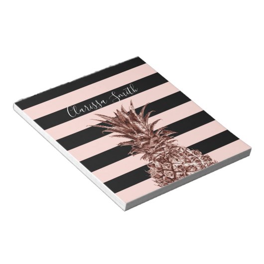 Elegant  roos goudananas & roze streep notitieblok (Schuin)