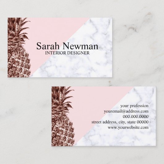 Elegant  roos goudananas witte marmer visitekaartje (Voorkant / Achterkant)