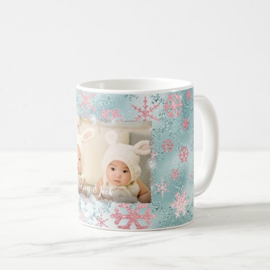 Elegant roos goudblauwe sneeuwvlokken, aangepaste  koffiemok (Voorkant rechts)