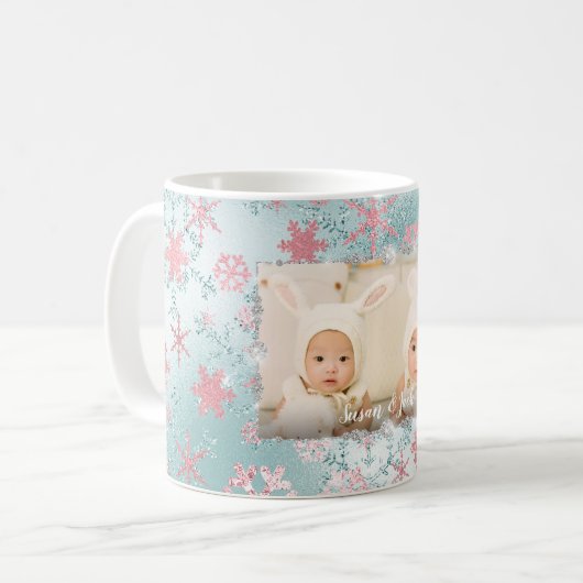 Elegant roos goudblauwe sneeuwvlokken, aangepaste  koffiemok (Voorkant links)