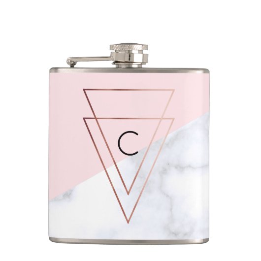 elegant roos gouddriehoeken wit marmer roze heupfles (Voorkant)