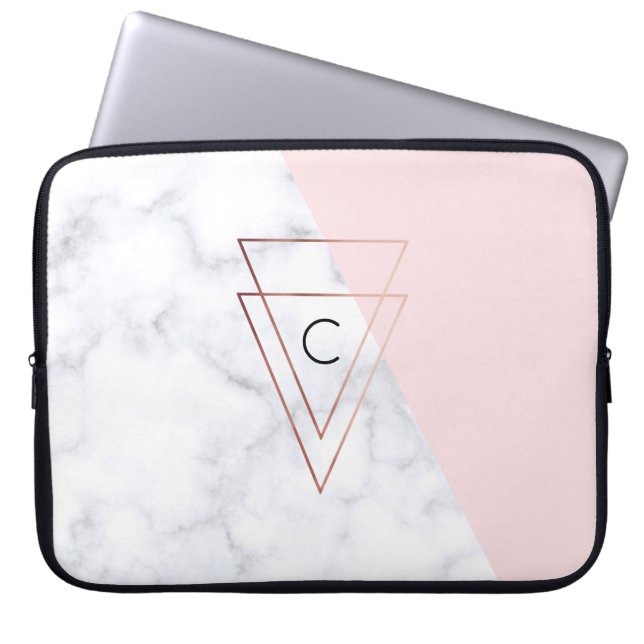 elegant roos gouddriehoeken wit marmer roze laptop sleeve (Voorkant)