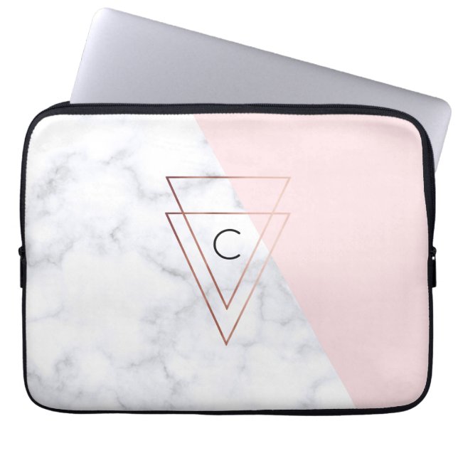 elegant roos gouddriehoeken wit marmer roze laptop sleeve (Voorkant)