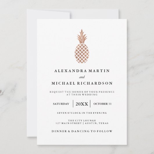 Elegant Roos gouden ananas bruiloft uitnodiging (Voorkant)