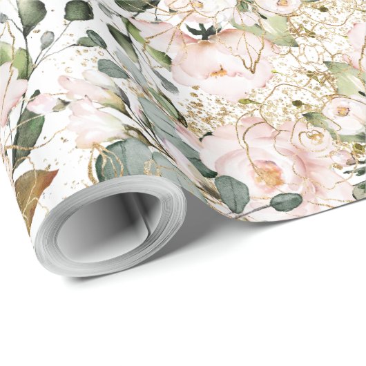 Elegant roos gouden bloemeneucalyptus gouden schit cadeaupapier (Rol Hoek)