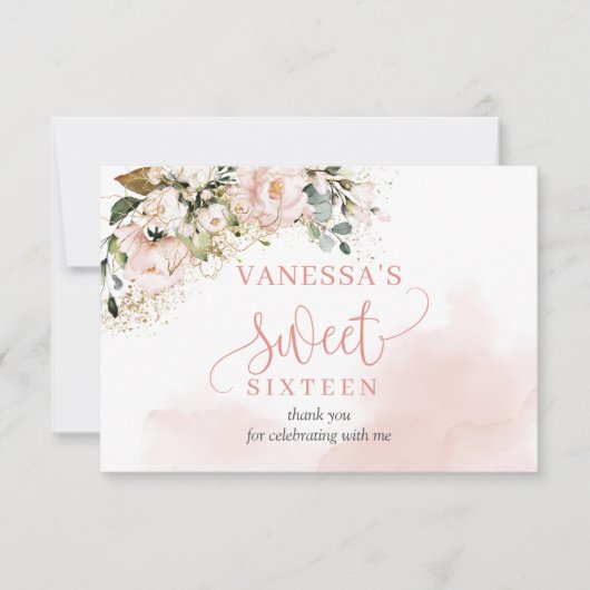 Elegant roos gouden bloemensalie 16e verjaardagsfe bedankkaart (Voorkant)