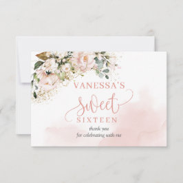 Elegant roos gouden bloemensalie 16e verjaardagsfe bedankkaart