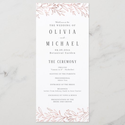 Elegant roos gouden botanische bruiloft programma (Voorkant)