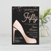 Elegant Roos Gouden Confetti Hoge Hak 50e Verjaard Kaart (Staand voorkant)