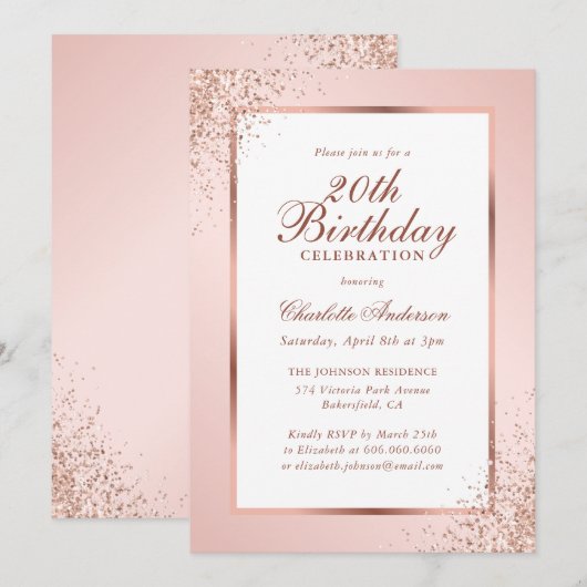 Elegant Roos Gouden Confetti Roze 20ste Verjaardag Kaart (Voorkant / Achterkant)