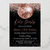 Elegant Roos Gouden Discobal Let's Party Verjaarda Folie Uitnodiging (Voorkant)
