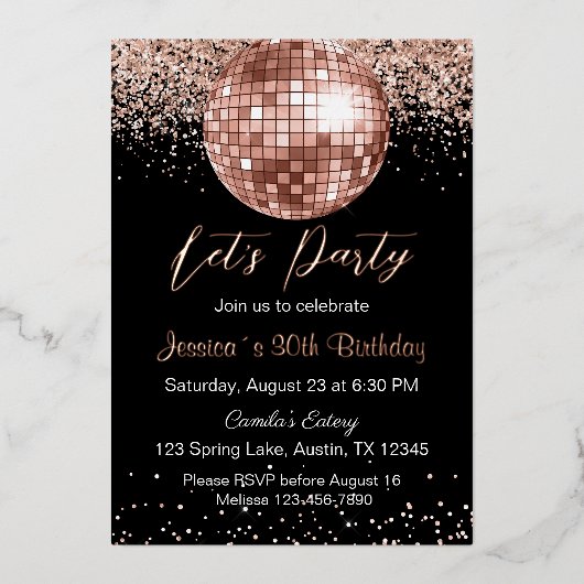 Elegant Roos Gouden Discobal Let's Party Verjaarda Folie Uitnodiging (Voorkant)