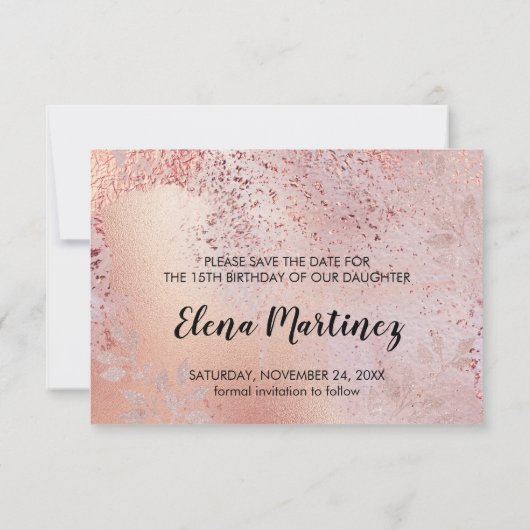 Elegant Roos Gouden Faux Folie en Glitter Save The Date (Achterkant)