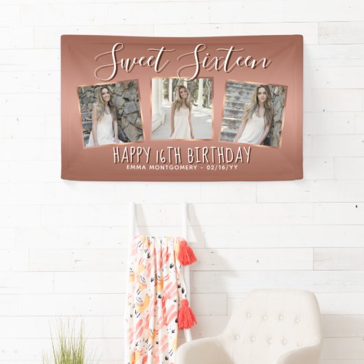 Elegant Roos Gouden Folie Fotocollage 16e Verjaard Spandoek (Insitu)