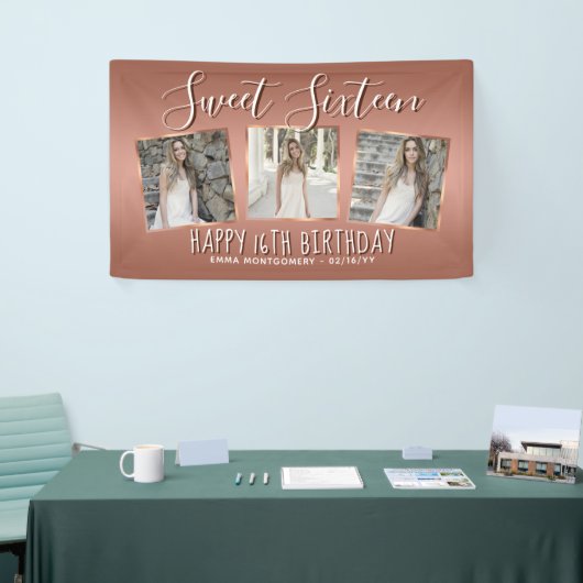 Elegant Roos Gouden Folie Fotocollage 16e Verjaard Spandoek (Beurs)