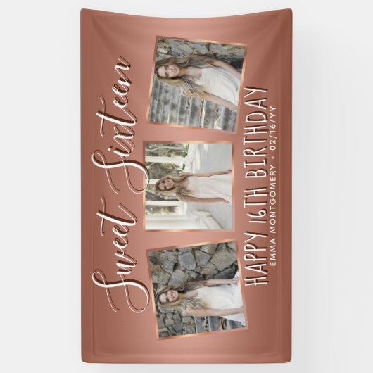 Elegant Roos Gouden Folie Fotocollage 16e Verjaard Spandoek (Verticaal)