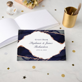 Elegant Roos Gouden Folie Navy Blauw Agaat Bruilof Gastenboek
