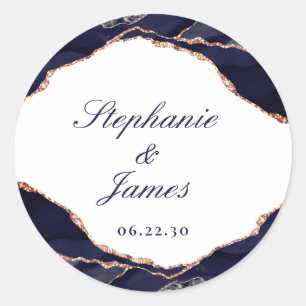 Elegant Roos Gouden Folie Navy Blauw Agaat Bruilof Ronde Sticker