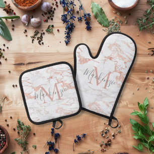 Elegant Roos Gouden Folie Wit Marmer Monogram Ovenwant & Pannenlap Set