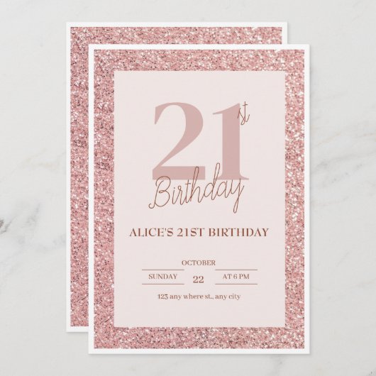 Elegant Roos Gouden Glitter 21e Verjaardagsviering Kaart (Voorkant / Achterkant)