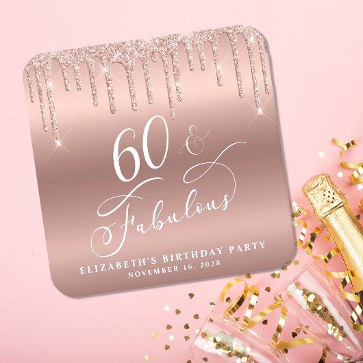 Elegant Roos Gouden Glitter 60ste Verjaardagsfeest Kartonnen Onderzetters