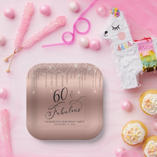 Elegant Roos Gouden Glitter 60ste Verjaardagsfeest Papieren Bordje (Feest)