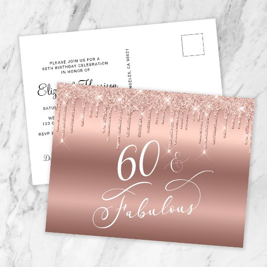 Elegant Roos Gouden Glitter 60ste Verjaardagsfeest Uitnodiging Briefkaart